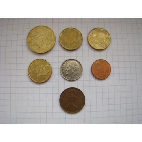 Евроценты и 1 дайм США (см.описание).