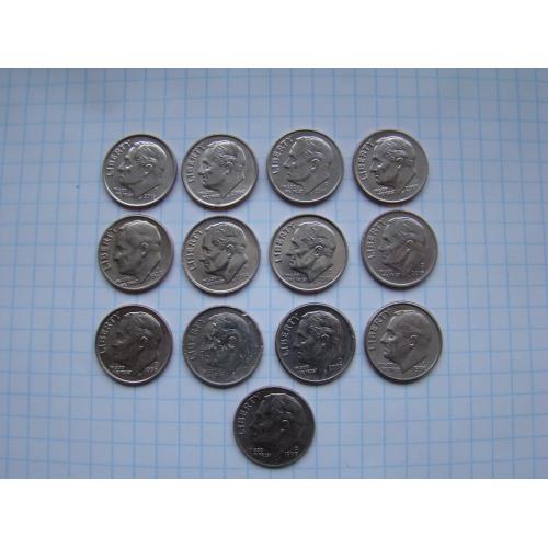 10 центов 1 дайм США, 13 шт. разные (см.описание).