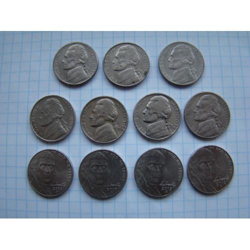 5 центов США, 11 шт., разные (см. описание).