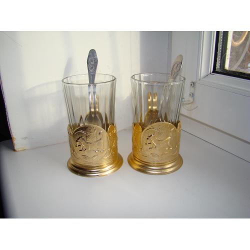 Подстаканники Лиса с добычей, стаканы и ложки времен СССР.