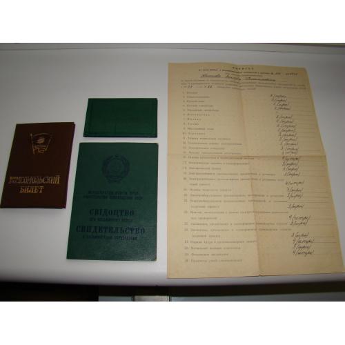 Свидетельство о 8-м образовании, Билет учащегося, выписка к диплому и Комсомольский билет на одного