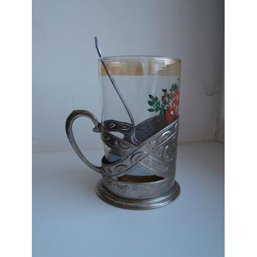 Подстаканник г.Запорожье мельхиор МНЦ + стакан и ложка из СССР.