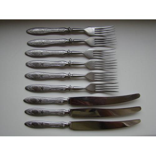 Вилки 6 шт. и ножи 3 шт. Офицерская столовая, артель им.Кирова г.Павлово 1953 г.