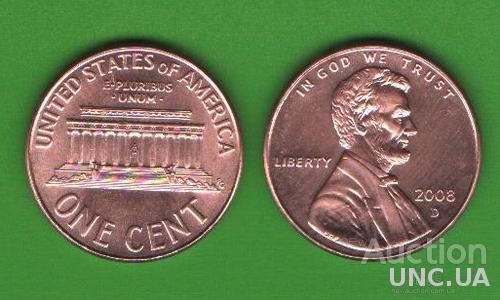 1 цент США 2008 D