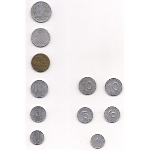Германия, набор монет 1;5;10;20;50 (Pf); 1 (М), с первых монет