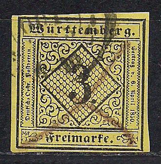 Немецкие земли, Wurttemberg, 1851 г., первые марки, марка № 2