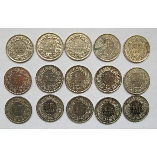 1/2 франка = набір по роках = ШВЕЙЦАРІЯ = 15 монет = див. опис \\