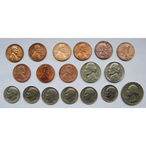 1, 5, 10 і 25 центів США - 18 монет = 1968 - 2013 р. = набір по роках = див. опис ==