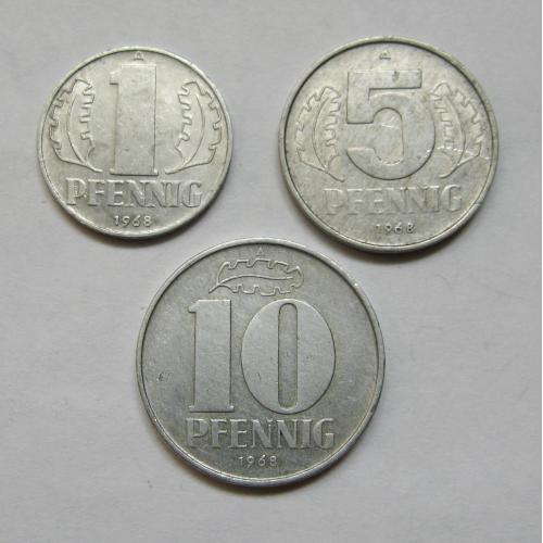 1, 5 і 10 пфенігів = 1968 р. = НДР - ГДР = НІМЕЧЧИНА - ГЕРМАНИЯ ==