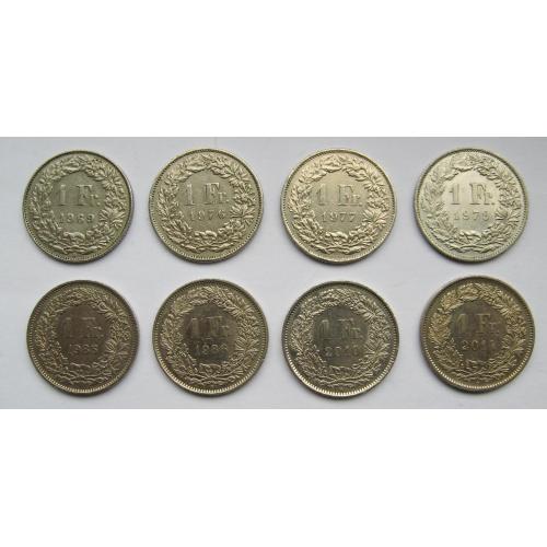 1 франк = 1969, 1976, 1977, 1979, 1985, 1986, 2010, 2014 рр. = ШВЕЙЦАРІЯ = 8 монет 