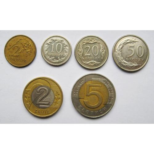 2, 10, 20, 50 грош, 2 і 5 злотих =  1994, 1999, 2009, 2015, 2018, 2019 рр. = ПОЛЬЩА = 6 шт.  