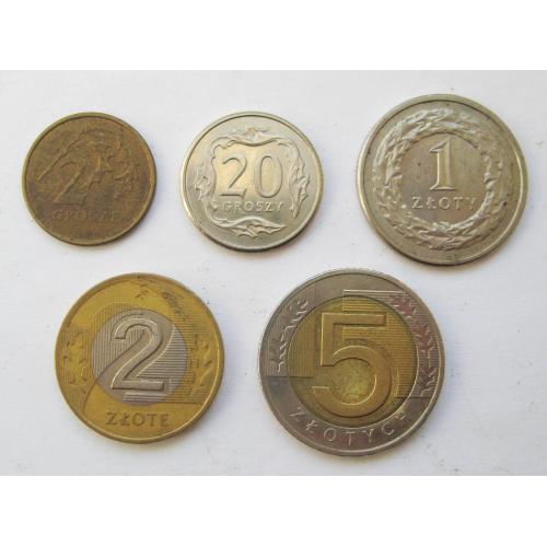 2, 20 грош, 1, 2 і 5 злотих = 1999, 2013, 1990, 1994, 2016 рр. = ПОЛЬЩА = 5 шт. \\