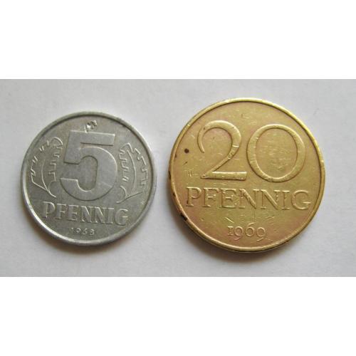 5 пфенігів 1968 р. і  20 пфенігів 1969 р.= НДР - НІМЕЧЧИНА \\