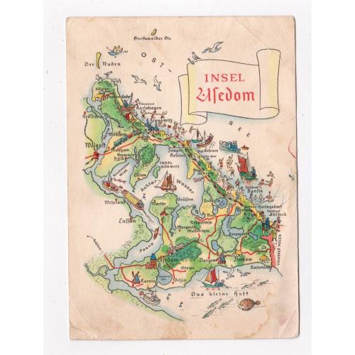 Карта острова УЗЕДОМ = листівка 1960 р. = НДР - НІМЕЧЧИНА = п/п - штамп МЕЖДУНАРОДНОЕ ==
