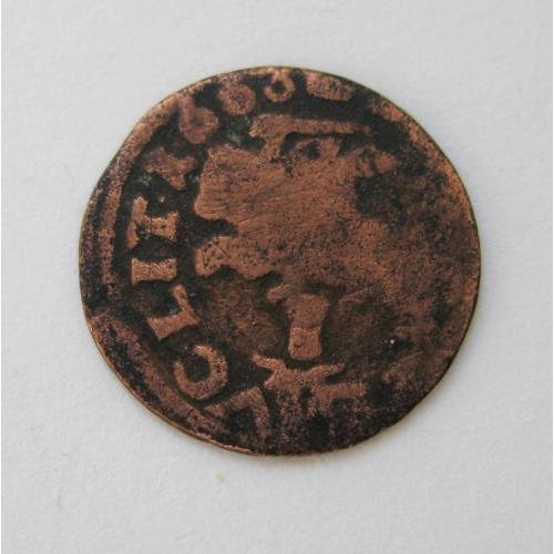 СОЛИД = БОРАТИНКА ЛИТОВСКАЯ = 1663 г. = ПОЛЬША = Монетный двор ОЛИВА - знак - сноп и голова быка  