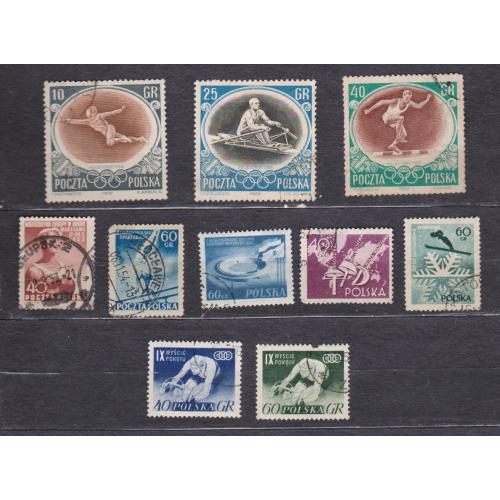 СПОРТ = марки 1953, 1954, 1955, 1956, 1957 р. = ПОЛЬЩА = гаш. = 10 шт. \\