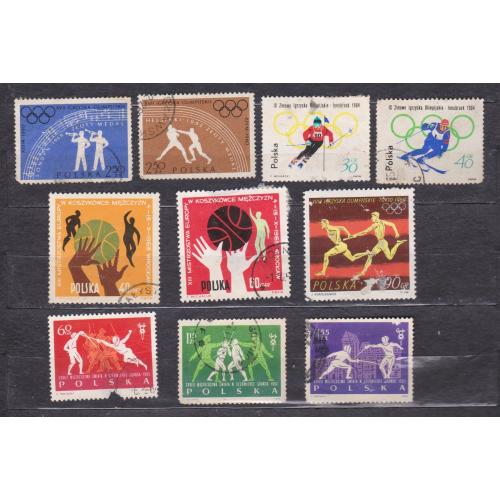 СПОРТ = марки 1960, 1963, 1964 р. = ПОЛЬЩА = гаш. = 10 шт. \\
