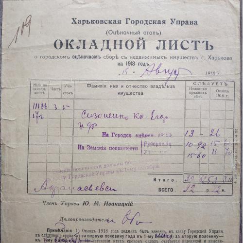 Харьков Городская Управа Окладной лист Оценочный сбор Сизоненко август 1918 год УНР