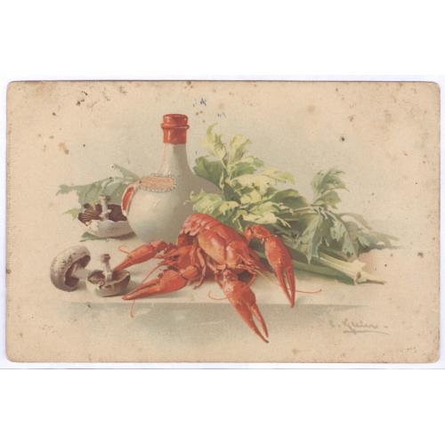 Художница Катарина Кляйн Натюрморт Раки грибы бутылка ликер Cusenier Catharina Klein