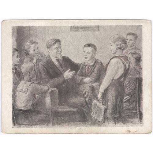 Калинин беседует с пионерами К 25-летию пионерской организации 1947 Советский художник Пропаганда 