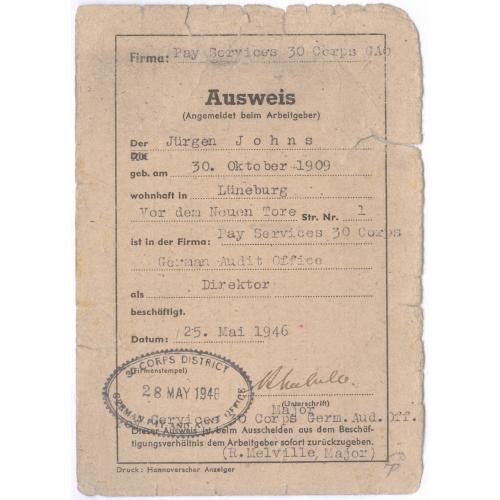 Трудовое удостоверение 1946 Оккупация Война Рейх Ausweis Angemeldet beim Arbeitgeber Jurgen Johns