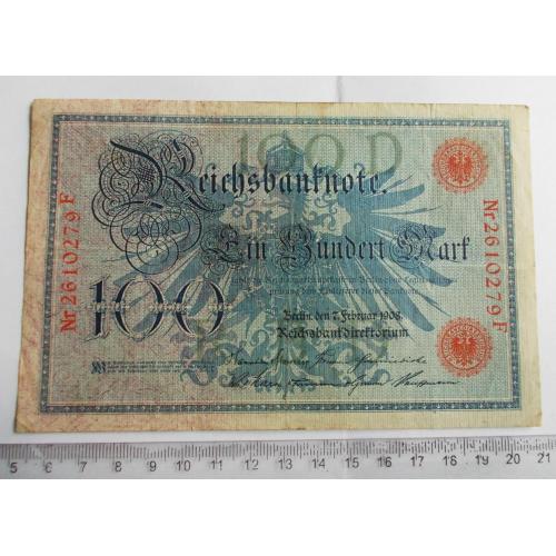 Німеччина 100 марок 1908 р. - червоні печатки та номер