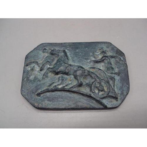 Накладка антик археология бронза колесница повозка с конями лошадьми размер 6,4 х 9 см №14247