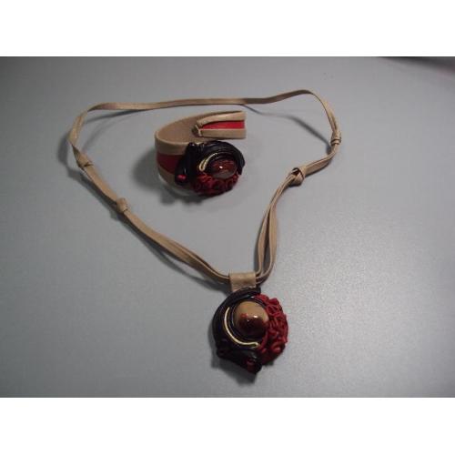 Бижутерия дизайнерский набор браслет и подвеска кулон цветок цветочек кожа и яшма №11252м