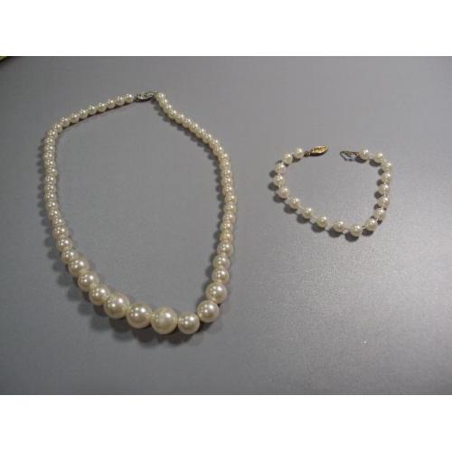 Бижутерия набор бусы ожерелье и браслет под жемчуг в один ряд б/у длина 5 см №11208