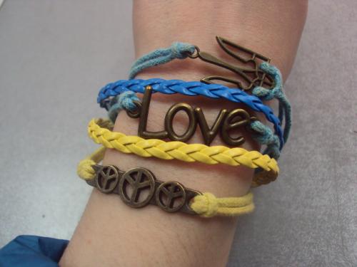 браслет сине-желтый плетение 3 в 1 герб украины, знак хиппи пацифик, любовь love №289