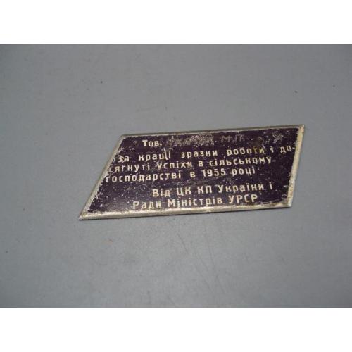 Накладка дарственная табличка ЦК КПУ 1955 год размер 3 х 5,3 см №13971