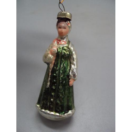 Елочная игрушка подвесная украшение Аленушка девушка в зеленом сарафане с косой стекло ссср №14788