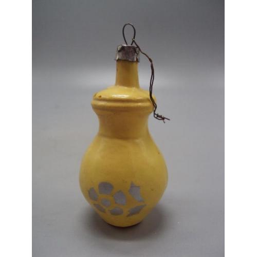 Елочная игрушка подвесная украшение ваза кувшин желтая амфора узор цветок стекло ссср 8 см №14800