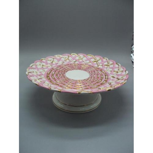 Фруктовница розовая фарфор М.С. Кузнецова Тверь тарелка на подставке размер 9,6 х 26,5 см №13348