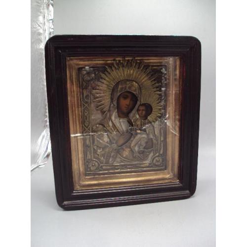 Икона Богородица Божья мать в окладе и киоте размер 32,1 х 27,8 см, икона 22,4 х 17,6 см №13864