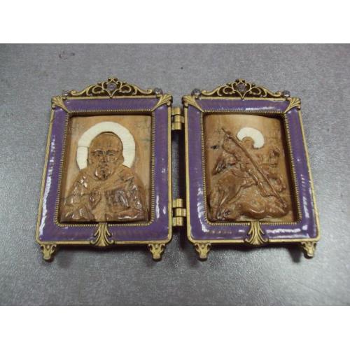 Икона двойная складень святой Николай и Георгий Победоносец кость бивень мамонта миниатюра №13389