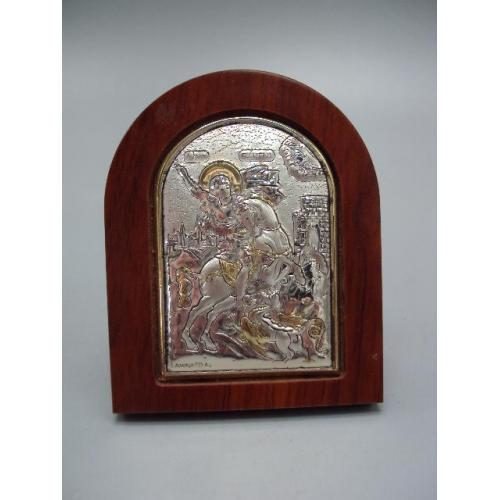 Икона Георгий Победоносец иконка серебро 925 проба Laminato Ag Италия 6,8х5,4 см №13490
