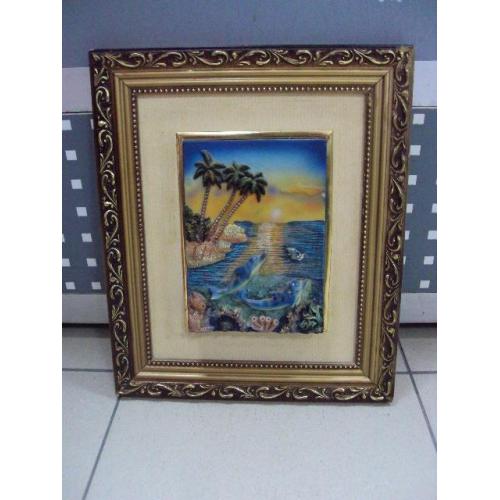 Картина барельеф морской пейзаж с дельфинами море в раме 33 х 27,5 см №11033