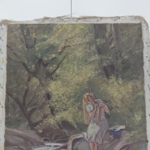Картина девушка заплетает волоссы у ручья, масло холст 40,5х30 см №123