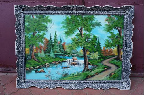 Картина лесной пейзаж водопад и тропинка в раме Козак масло, холст большая 112 х 80 см №3313