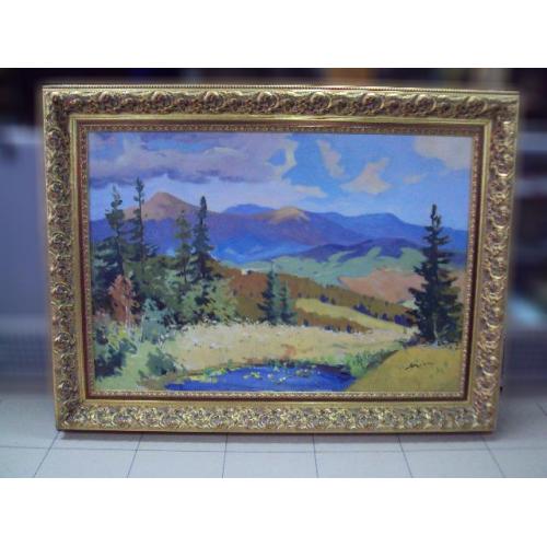 Картина горный пейзаж елки горы Якубек 1961 г. холст, масло в ажурной раме размер 118,7х158 см №185