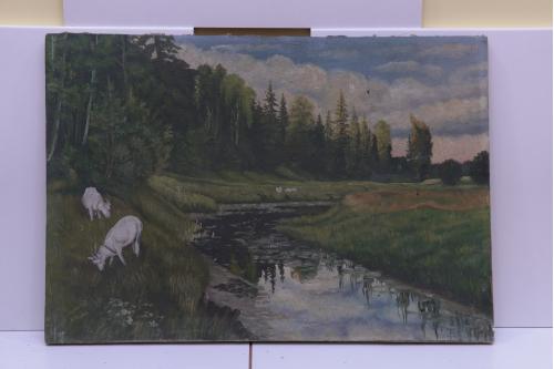 Картина пейзаж пасутся козы. Лаган 1963 г. масло холст 85 х 58,5 см №19