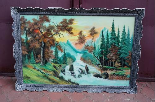 Картина пейзаж водопад и горы в раме Козак масло, холст большая 155 х 115 см №3312