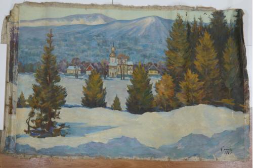 Картина Зимний пейзаж. Город, горы, лес. подписная. Масло, холст 1961 г. 115 х 70 см №250