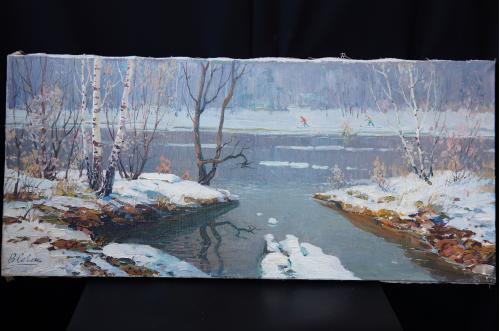Картина Зимний пейзаж. Лыжники. В.Севец. Масло, холст 84 х 38 см №133