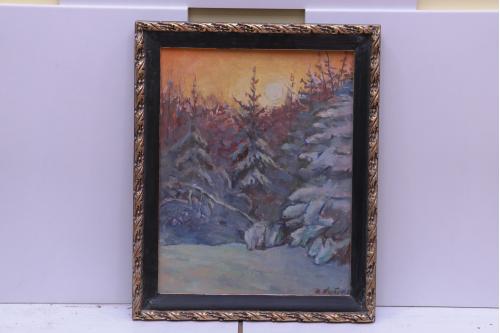 картина Зимний пейзаж Нарбут, картон масло В раме 47х58,5 см, без рамы 39,5х49,5 см №43