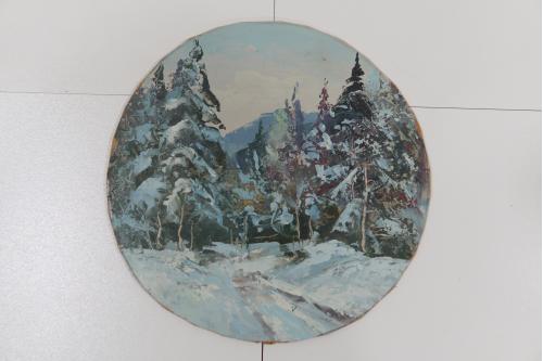 Картина зимний пейзаж в лесу. масло двп Диаметр 21,3 см №145