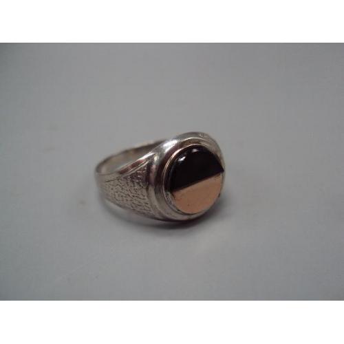 Круглый перстень черный камень золотая вставка 375 серебро 925 Украина вес 4,54 г 20 размер №15774