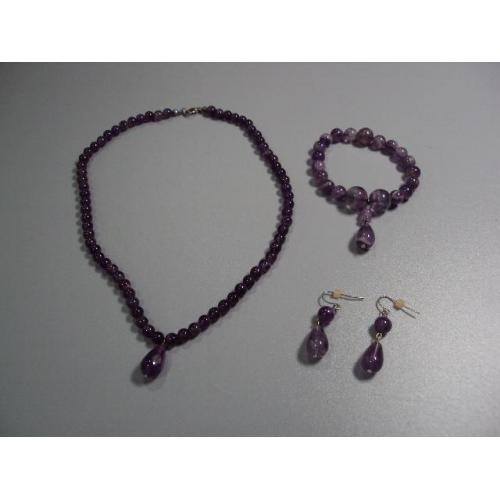 Набор серьги, браслет и колье ожерелье бусы капельки аметист натуральный камень №11250м