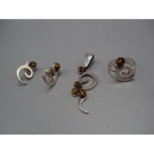 Набор серьги, кольцо и подвеска кулон янтарь серебро 925 проба голова вес 12,6 г 18 размер №14416